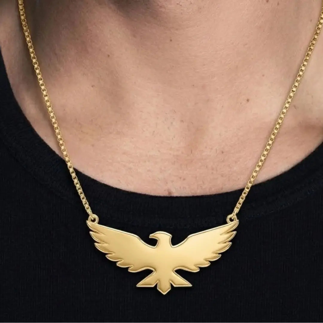 18K Gold Filled Soaring Eagle Pendant Necklace – Sculpted Spread-Wing Eagle Box Chain Necklace for Men & Women